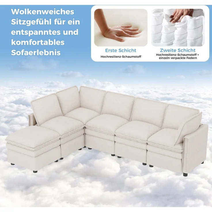 ZUBALIYA Wohnlandschaft 127x91 cm, mit Chenille - Bezug, mit Samtbezug, mit breiten Armlehnen, modular aufgebaut, Beige – Bild 12