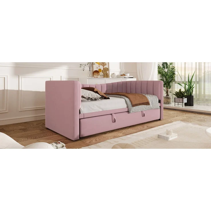 ZUBALIYA Tagesbett 90x200 / 180x200 cm, Bezug aus Samt, Außenmaße 215 x 196,5 x 75 cm, als Schlafplatz für Schlafzimmer und Gästezimmer, Rosa – Bild 17