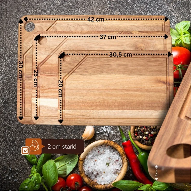 PEGSEN Schneidebrett 3er Set Küchenbretter aus Holz mit praktischen Brettständer, Akazie, (Set, 4-St, mit Handyhalterung), mit praktischen Ständer und Tablet - und Handyhalterung – Bild 2