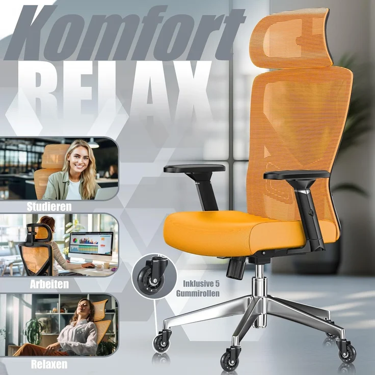 KESSER® Bürostuhl mit verstellbaren Armlehnen | Drehstuhl mit Lendenwirbelstütze Rückenschonend | Schreibtischstuhl ergonomisch mit Kopfstütze | Office Chair Wippfunktion bis 125° mit 5x Gummirollen Orange / Silber – Bild 7