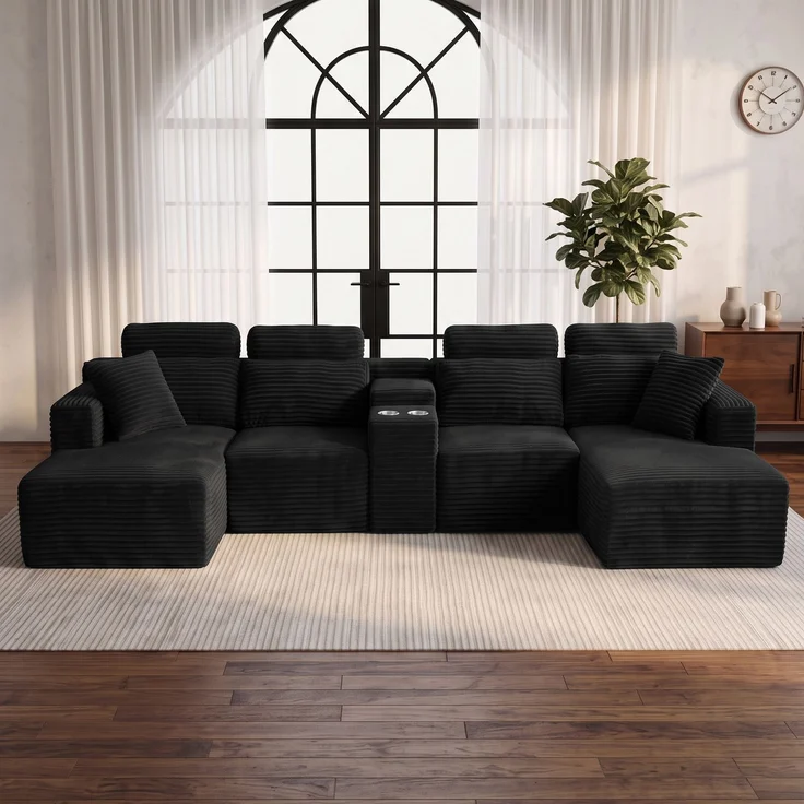 ZUBALIYA Boneless Compression Sofa, U-förmiges modulares Sofa mit integrierten Becherhaltern, Schwarz, 372 x 151 x 80 cm – Bild 2