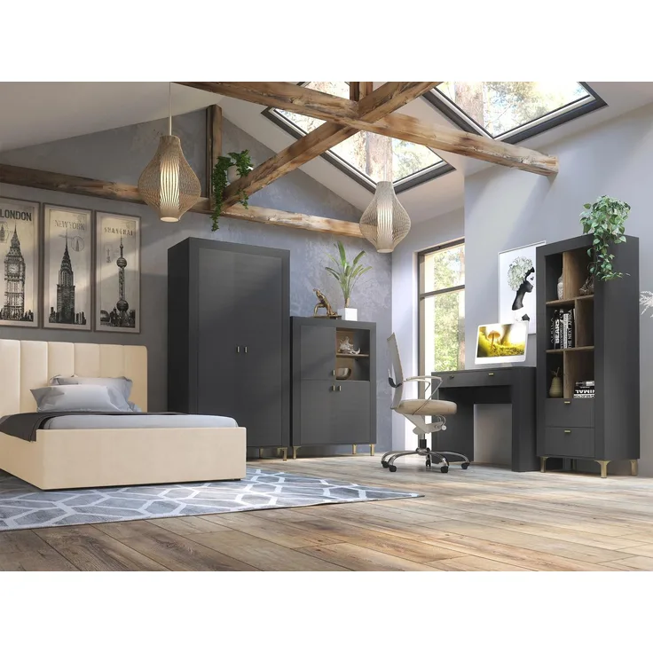 Jugendzimmer-Set Mossa II (Farbe: Schwarz / Schwarz + Eiche Whisky + Cloud 03)