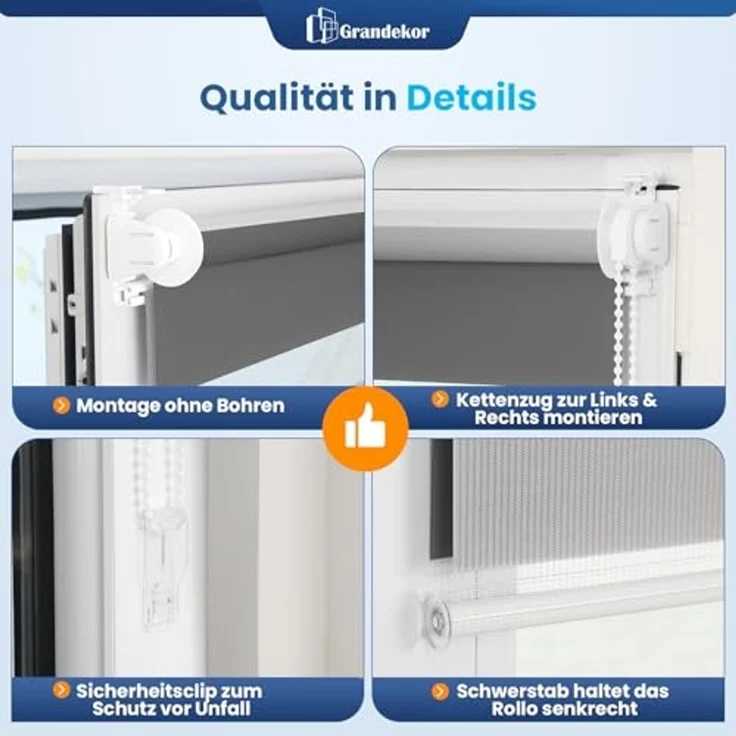 Grandekor Doppelrollo Klemmfix ohne Bohren Weiß-Grau-Anthrazit 40x150 cm(Stoffbreite 36cm) Fenster Rollos für innen Klemmrollos Duo Rollos für Fenster ohne Bohren mit Bohren Privatschutz Zebrarollo – Bild 5