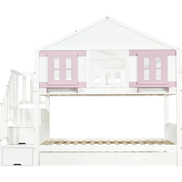 Merax Etagenbett, mit Rollbett, Kleideraufhängebereich, mit Fenster und Dach, Stabiler Lattenrost, Holz Weiß+Rosa, 90x200cm – Bild 10