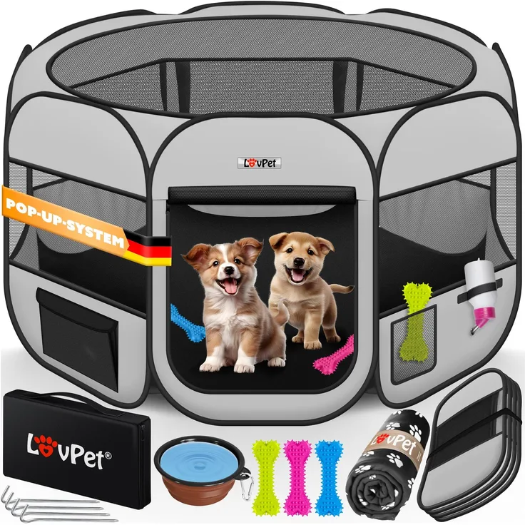LOVPET® Welpenlaufstall Tierlaufstall Faltbar für Kleintiere Hunde, Katzen Inkl. Hundenapf Hundelaufstall Freigehege Oxfordgewebe Pop-up System Indoor & Outdoor Hellgrau / Schwarz