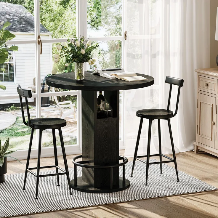 3-teiliges Bar-Tisch- und Hocker-Set 31,5-Zoll-Rundtisch mit zwei Hockern Holz-Esstisch mit ringförmiger Fußstütze aus Metall Geeignet für Esszimmer, Cafés, Bars, Wohnzimmer usw, Schwarz--Schwarz--80x80x91.5cm--YOUDENOVA