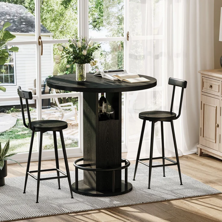 3-teiliges Bar-Tisch- und Hocker-Set 31,5-Zoll-Rundtisch mit zwei Hockern Holz-Esstisch mit ringförmiger Fußstütze aus Metall Geeignet für Esszimmer, Cafés, Bars, Wohnzimmer usw, Schwarz--Schwarz--80x80x91.5cm--YOUDENOVA – Bild 1