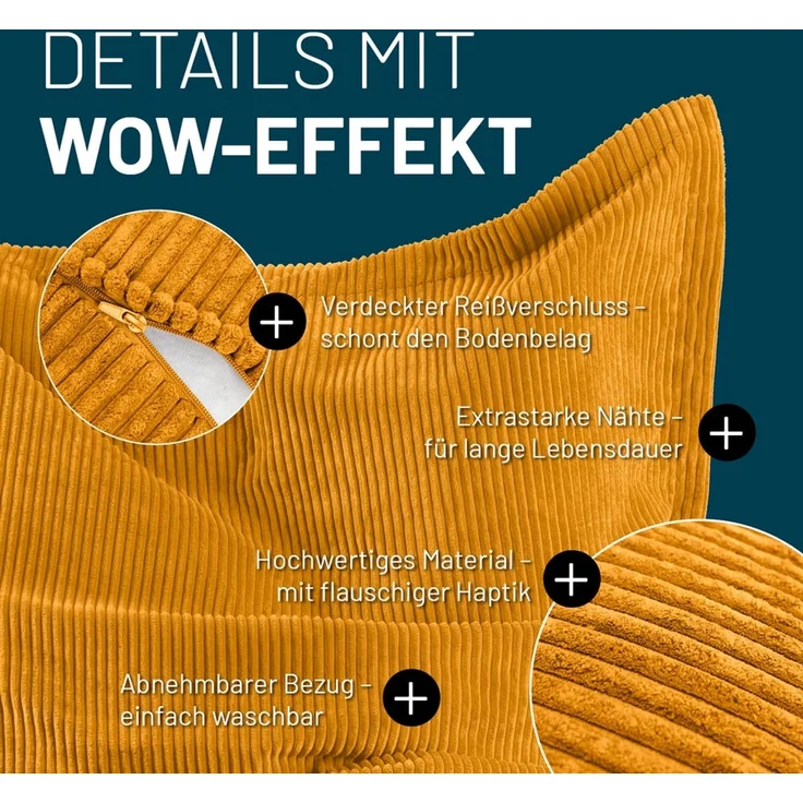 Lumaland Sitzsack Classic XXL Cord | Riesen Sitzsack XXL mit Softer Rippenstruktur – ideal zu Cord Sofa & Sessel Indoor Bean Bag für Wohnzimmer, Schlafzimmer & Co. - 380 L, 140x180 cm – Bild 4