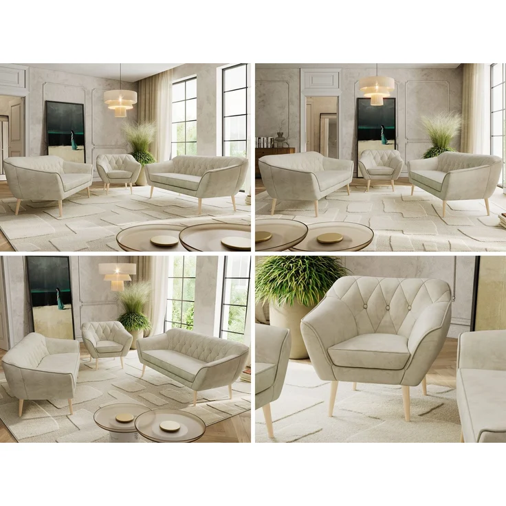 Wohnzimmerset, Möbelset PIRS 3-3-1, Armlehnen, Wellenfederung, Buche Füße, Dreisitzer Sofas mit Sessel, Polstermöbel Set - Beige Velvet – Bild 2