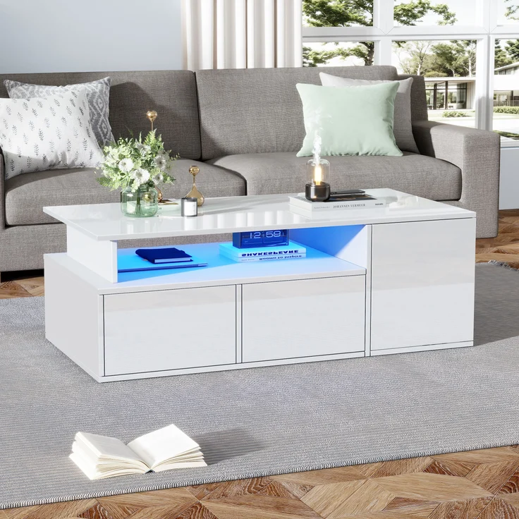 Couchtisch mit LED, 2 Schubladen & 3 seitlichen Fächern, 60 kg Tragkraft, 100x50x35 cm, Weiß – Bild 1