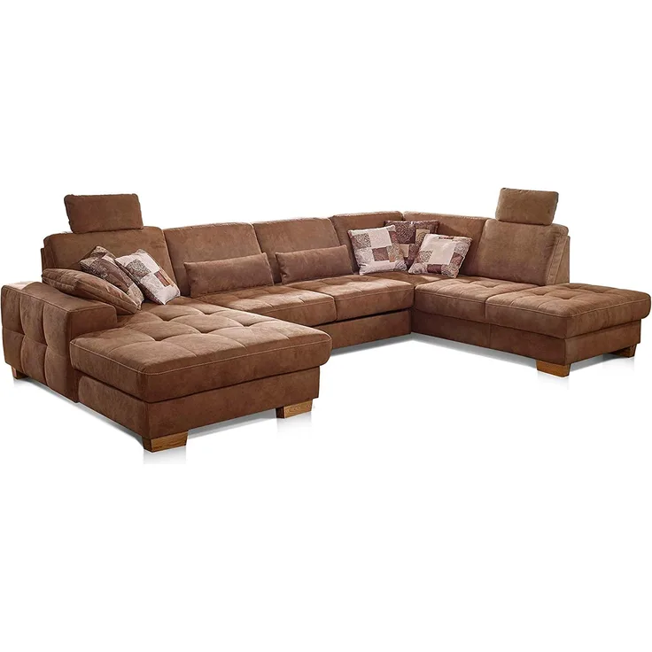 Cavadore Wohnlandschaft Puccino mit Federkern, Bettfunktion, Sitztiefenverstellung und 2 Kopfstützen / Sofa in U-Form im Landhausstil / 340 x 86 x 224 cm / Mikrofaser hellbraun