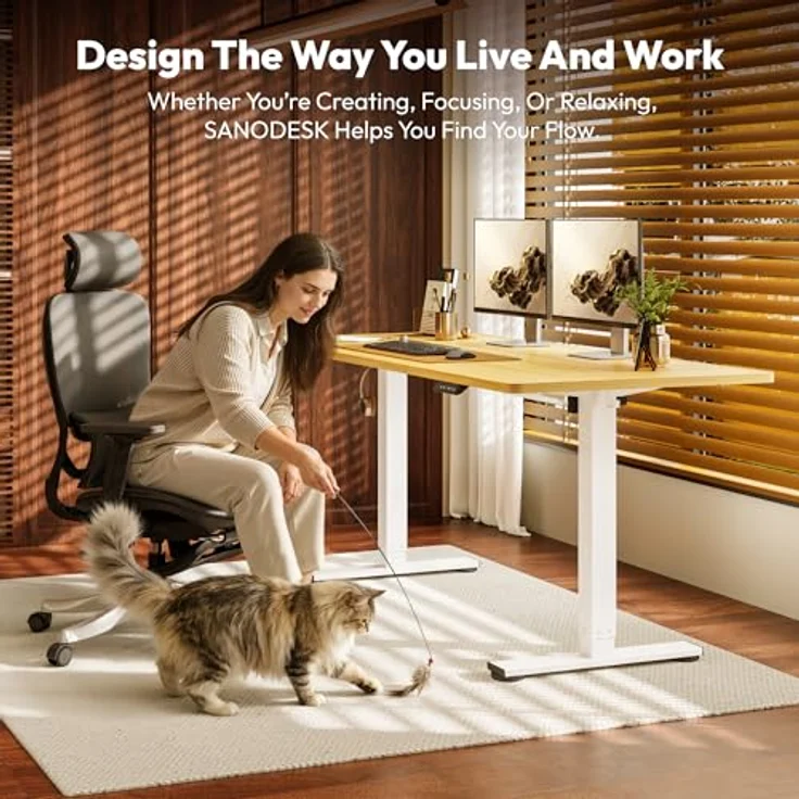 SANODESK Höhenverstellbarer Schreibtisch 160x60 cm mit Memory-Funktion, Elektrischer Steh-Sitz Tisch für Heimbüro, Ergonomischer Computertisch mit Modernem Design und Vierteiliger Tischplatte, ahorn – Bild 3