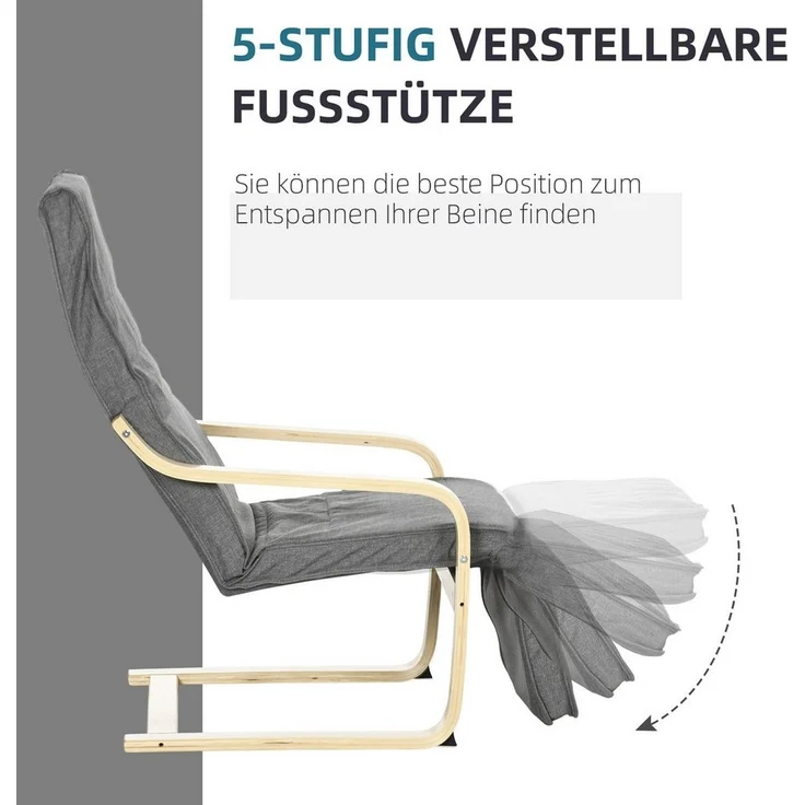 HOMCOM Relaxsessel mit verstellbaren Armlehnen,Stoffdekoration, Holzrahmen (Esszimmerstuhl, 1-St, Schwingstuhl), für Wohnzimmer, Birkenholz, Grau 66,5 x 94 x 100cm – Bild 3