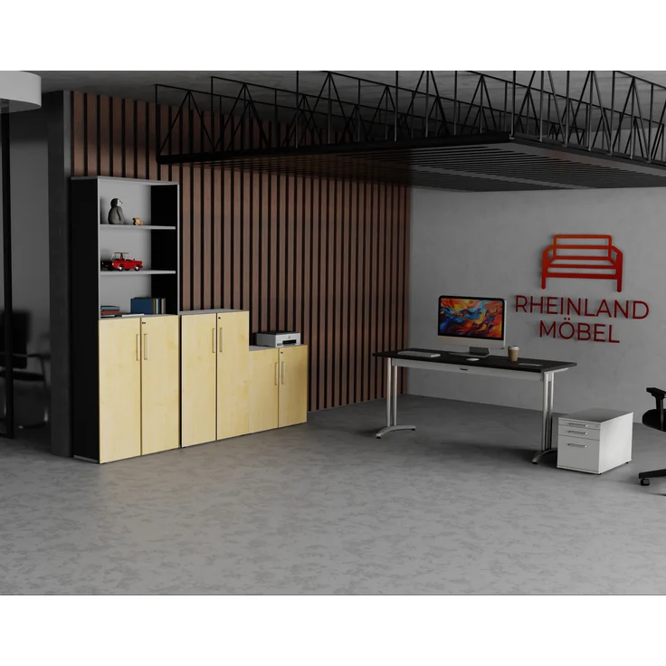 Rheinland Möbel Flügeltürenschrank Cabino 80×42×216 cm – abschließbarer Aktenschrank 3OH mit Regalaufsatz 3OH in Graphit/Ahorn mit 110° Drehtüren & Metallgriff – Bild 5
