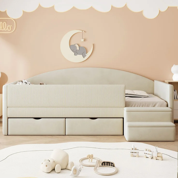 EINHOM Polsterbett Sofabett 90 x 190 cm mit Stauraum, Kinderbett Multifunktionsbett, mit Zwei Schubladen und Zäunen, mit Stufen, Hautfreundlicher Samtstoff, Beige (Ohne Matratze) – Bild 3