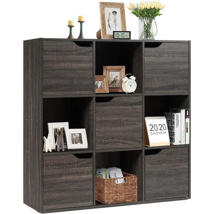 KOMFOTTEU Bücherregal Würfelregal mit 9 Fächern & 5 Türen, 90x29x90cm, grau