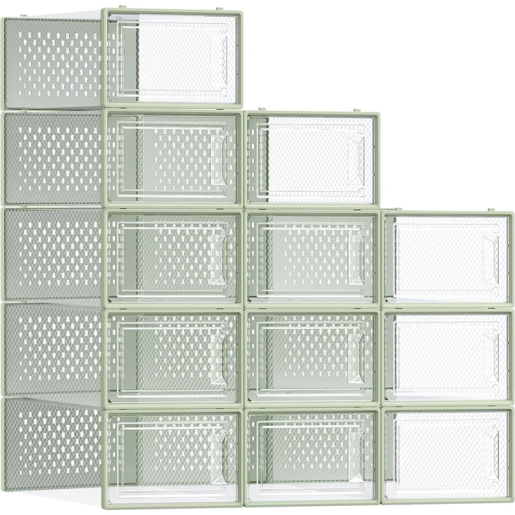 SONGMICS Schuhboxen, Schuh-Organizer aus Kunststoff, faltbar und stapelbar, für Schuhe bis Größe 43, 12er Set, transparent-lorbeergrün LSP12SG30