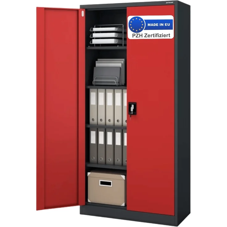 Aktenschrank abschließbar KADO - 5 Ebenen verstellbar, Flügeltüren | Metallschrank Werkstatt Mehrzweckschrank Büroschrank aus Stahl Werkzeugschrank, 185x90x40cm Anthrazit-Rot – Bild 1