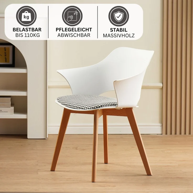 ALBATROS Esszimmerstühle 4er Set AALBORG, Weiß - Beine aus Buche Massiv-Holz, Skandinavisches Retro-Design, bequemer Schalenstuhl - Eleganter Küchenstuhl, Stuhl Esszimmer für Esstisch – Bild 3