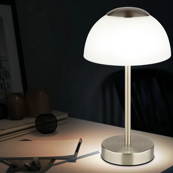 LED Tischleuchte, Glas opal, Touchdimmer, CCT, Akku, H 28 cm – Bild 2