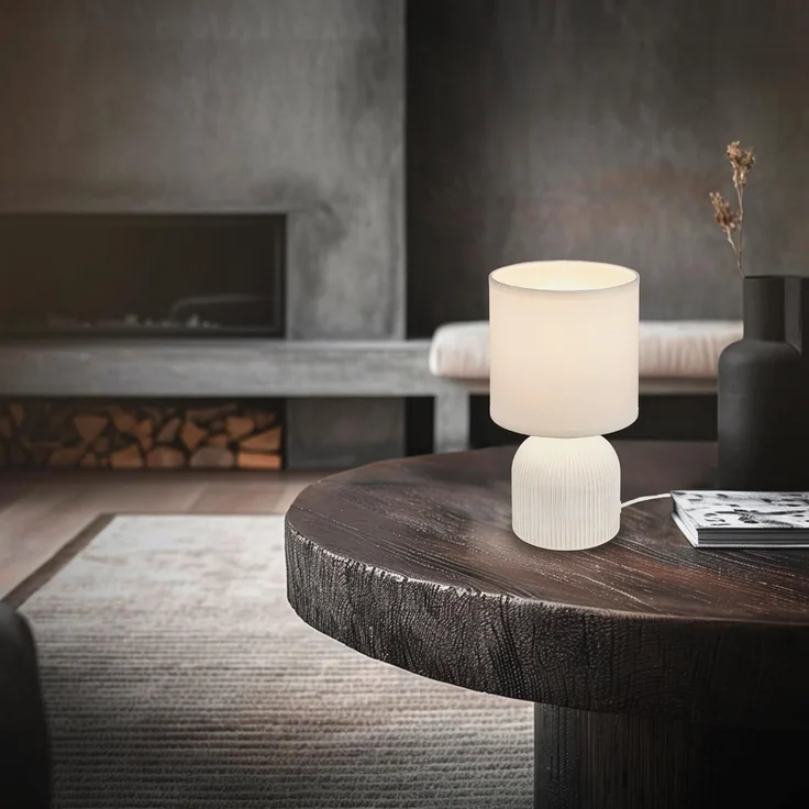 BRILONER - Tischlampe mit Stoffschirm, Kabelschalter, Keramikfuß, Lampe, Nachttischlampe, Tischleuchte, Dekolampe Flur, Bürolampe, Leselampe, Wohnzimmer, Schlafzimmer, 15x28 cm (DxH), Weiß – Bild 5