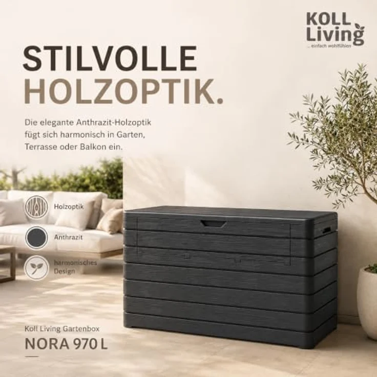 Koll Living Gartenbox Nora, 970 Liter, Kunststoff, anthrazit, abschließbar, mit aufklappbarer Front und Gasdruckfedern – Bild 3