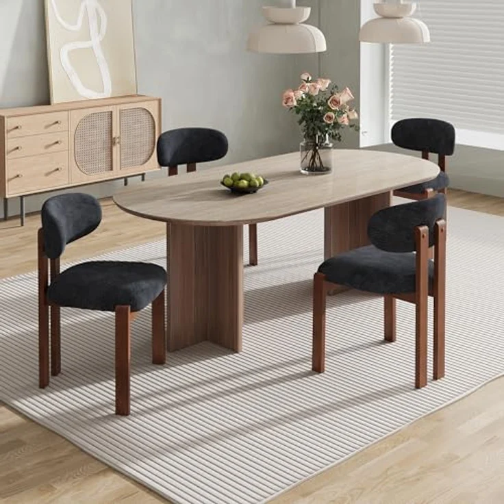 MALOL Esszimmerstühle 4er Set, Moderne Polsterstuhl Essstühle mit Holzbein, Stoff Esszimmerstühl mit Fester Rückenlehne für Esszimmer, Küche, Restaurant, Mit dunkelbraunen Beinen, Dunkelblau – Bild 3