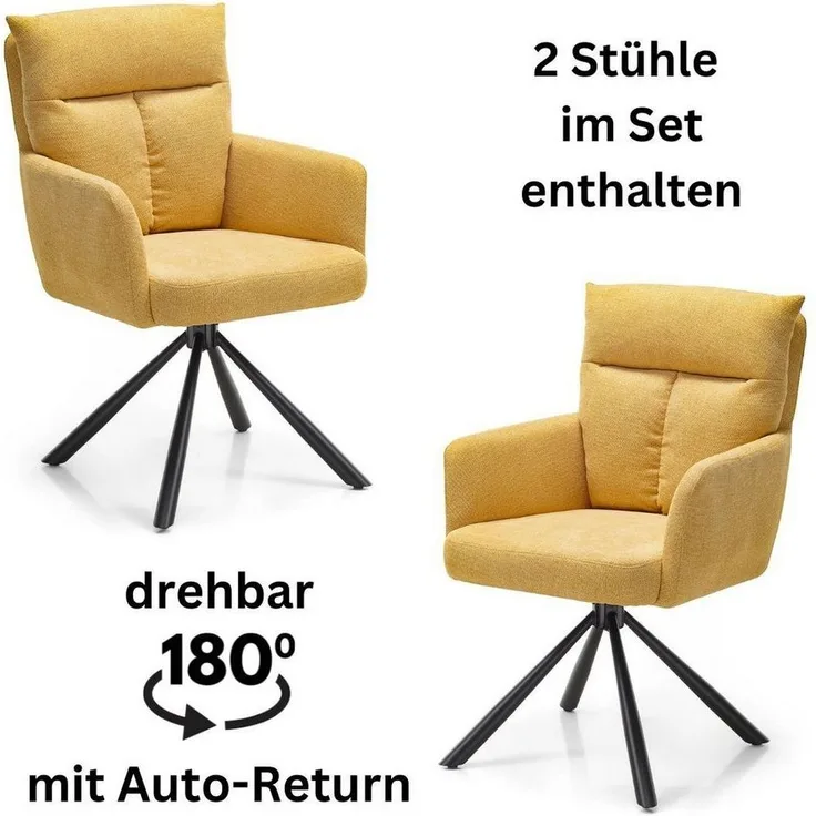 SOFIA Esszimmerstühle 2er Set mit schwarzem Metallgestell und Microfaser Bezug, Gelb - Bequeme Stühle für Esszimmer & Wohnzimmer - 60 x 93 x 67 cm (B/H/T)