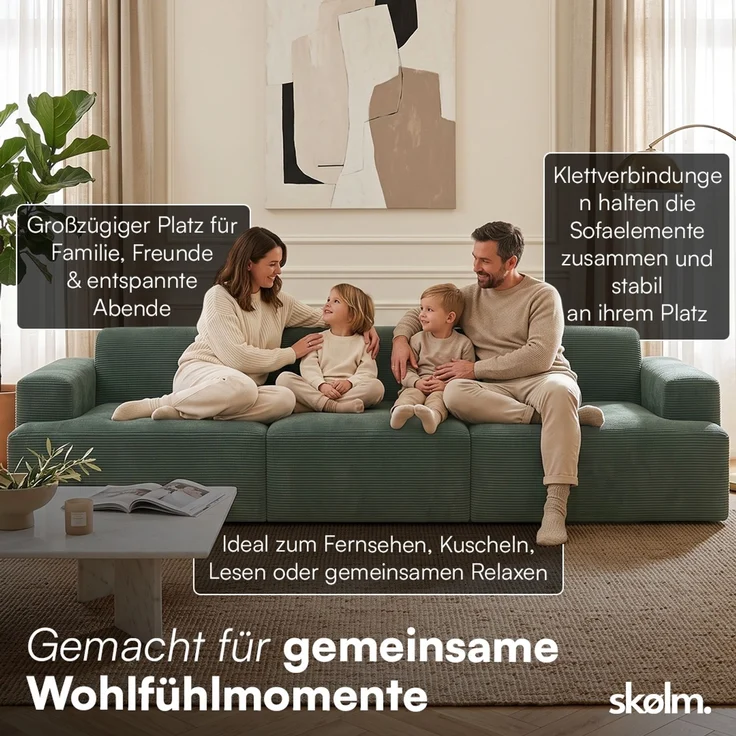skølm 'Freki' Cloud Sofa 3 Sitzer, Vollschaumcouch mit Federkern und Vakuum-Kompression, kein Aufbau erforderlich, mit 3 Kissen, Cord dunkelgrün – Bild 4