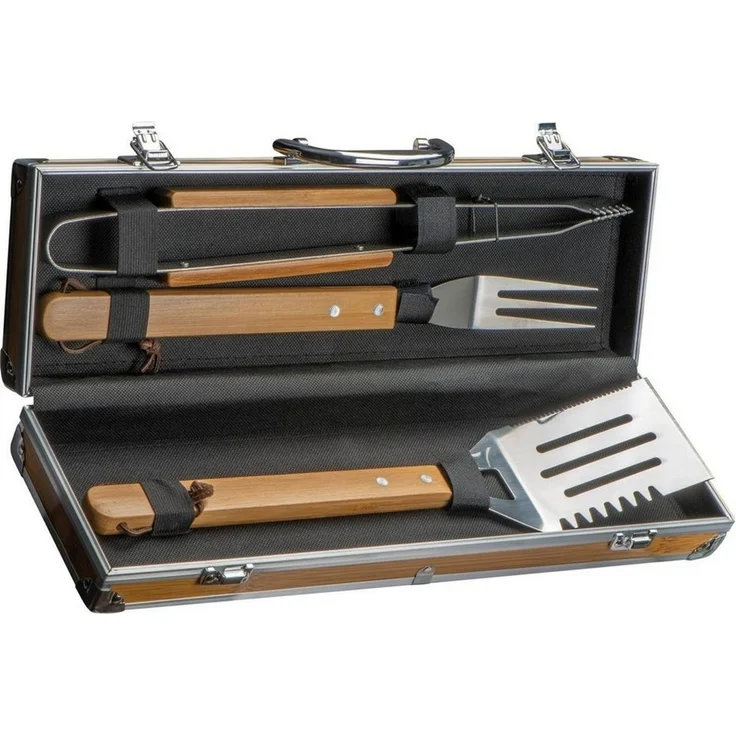 Macma Grillbesteck-Set Grillkoffer aus Metall mit Bambusapplikationen / 3 teiliges BBQ Bestec – Bild 2
