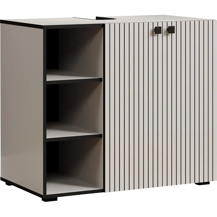 trendteam smart living - PureBliss - Waschbeckenunterschrank - Kashmir Hellgrau -Rillenoptik - 3 offene Fächer + 1 Einlegeboden - (BxHxT) 90 x 79 x 53 cm - edle Metallgriffe