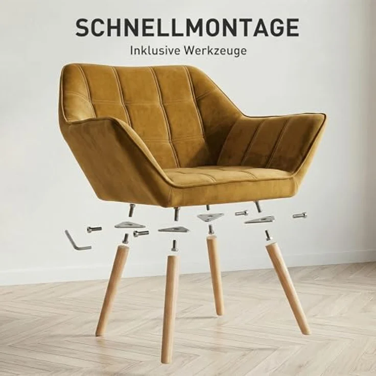 HOMCOM Relaxsessel Polstersessel mit Samtoptik, skandinavisch (Esszimmerstuhl, 1-St, Stuhl), für Wohnzimmer, Schlafzimmer, Gelb – Bild 9