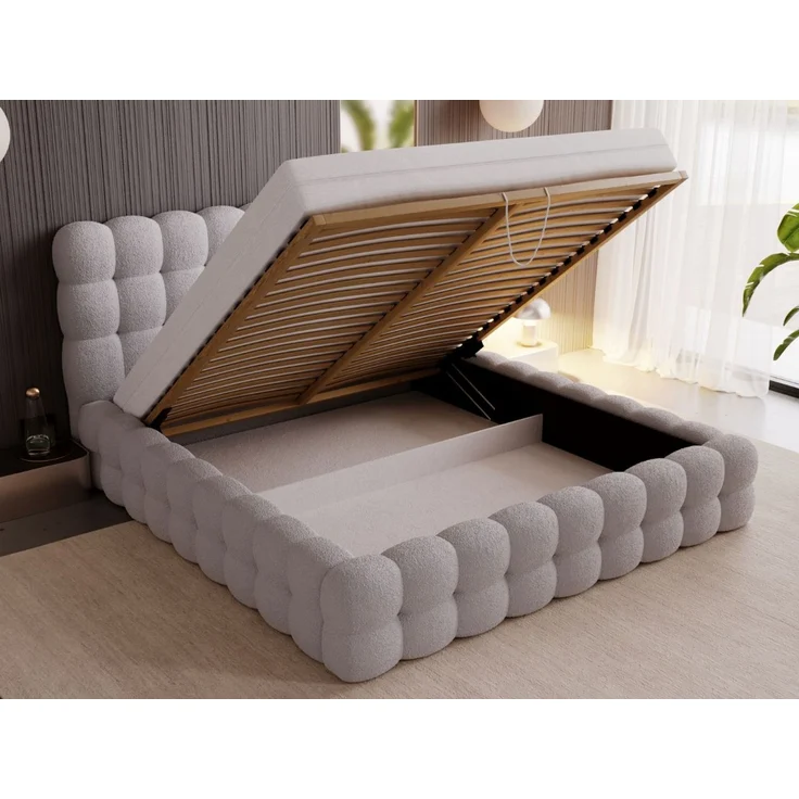 GRAINGOLD Twist Polsterbett 200x200, Doppelbett mit Bettkasten und Lattenrost, Bouclé-Stoff, Hellgrau – Bild 5