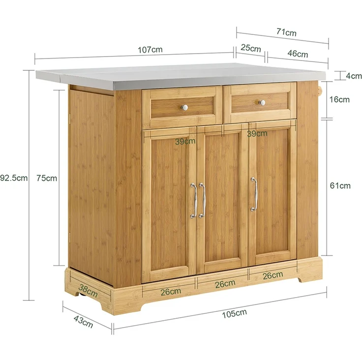 SoBuy FKW130-N Kücheninsel, Spanplatte, Melamin, Bambus, 107 x 92,5 x 43 cm – Bild 3