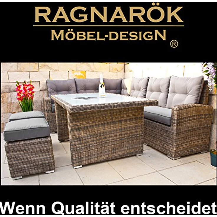 Ragnarök Möbel-Design Gartenlounge-Set Dining Lounge Wieland L, (Set, Ecksofa + Tisch + Hocker, Polyrattan, inkl. aller Polster), Rostfrei, mit Staufächern, 10 Jahre Garantie, wird montiert geliefert – Bild 8
