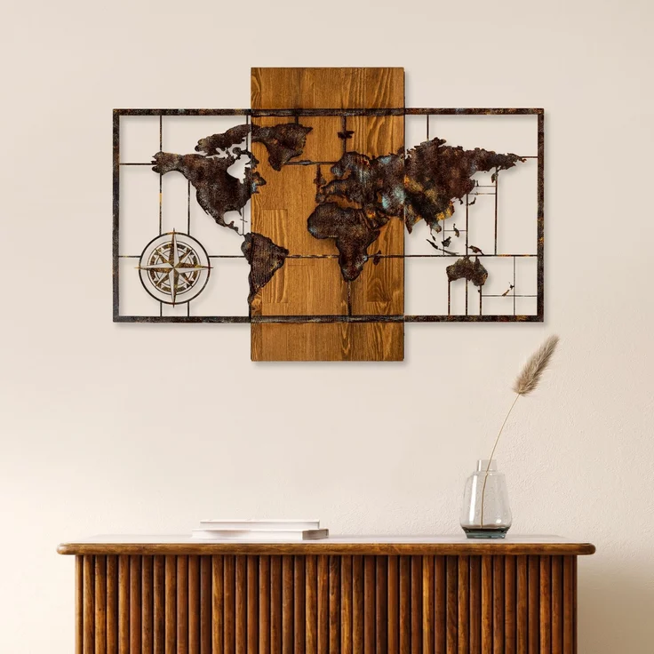 Wallity 'World Map With Compass 5' Dekoratives Wandaccessoire aus Holz, Walnuss / Braun, 85 x 58 cm – Bild 1