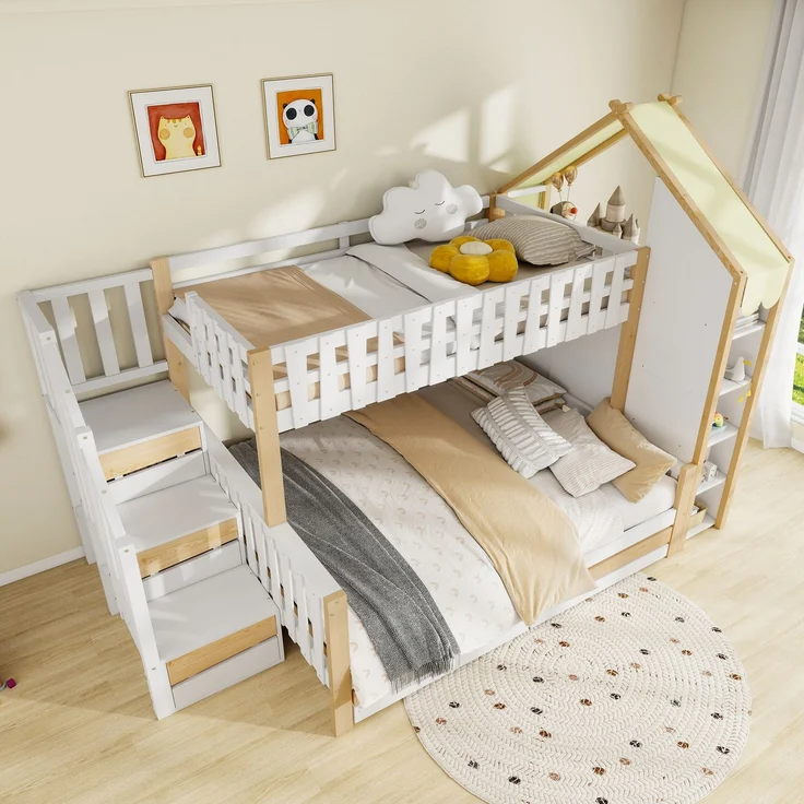 Etagenbett 90x200 cm + 140x200 cm mit Hausdach-Design, Sicherheitsgeländer, Stauraumleiter, offenen Fächern & 2 Schubladen – Bild 6