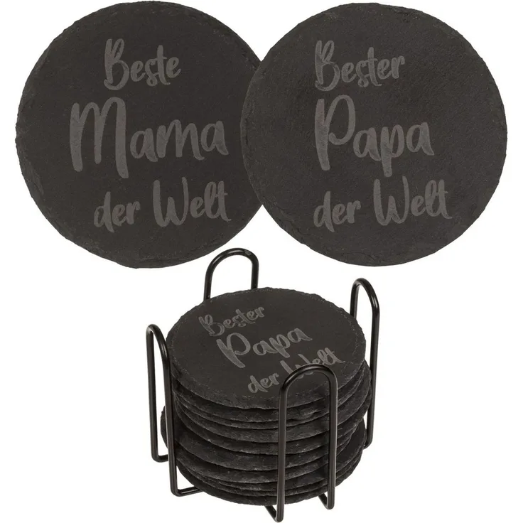 Untersetzer aus Schiefer mit Gravur Set ca. 10 cm 12 Stück Metallaufsteller Beste Mama & Bester Papa