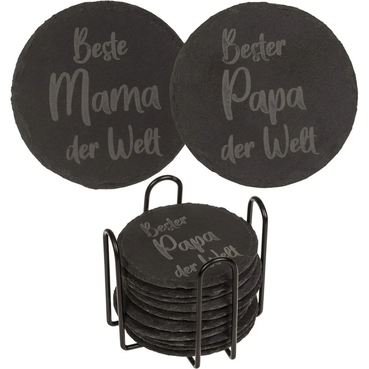 Untersetzer aus Schiefer mit Gravur Set ca. 10 cm 12 Stück Metallaufsteller Beste Mama & Bester Papa