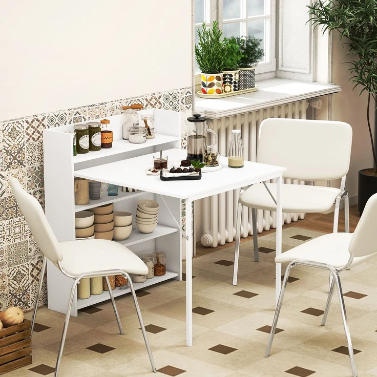 MELAYR, Klappbarer Esstisch, für kleine Räume geeignet, mit 4 diskreten Regalen, 91 x 78.5 x 93 cm, Weiß – Bild 3