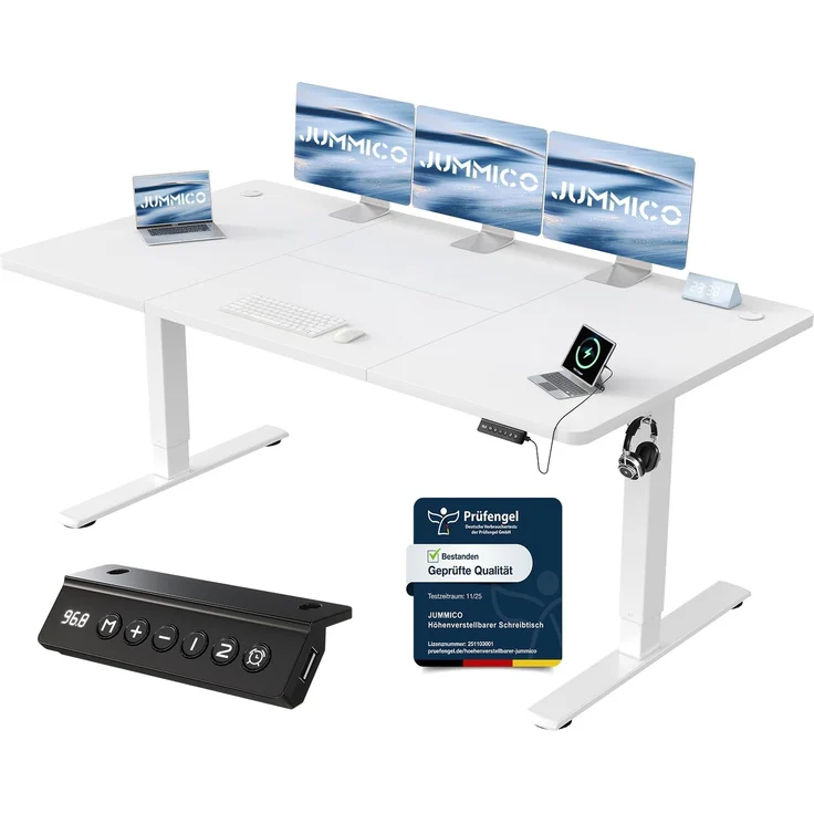JUMMICO Schreibtisch elektrisch höhenverstellbar mit USB-Ladeanschluss, Weiß, 180x80 cm