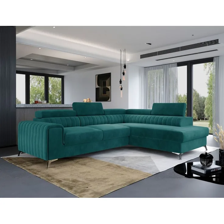 Ecksofa mit Schlaffunktion Sofa ELENI Stoff Matt Velvet Meeresgrün Ottomane Rechts