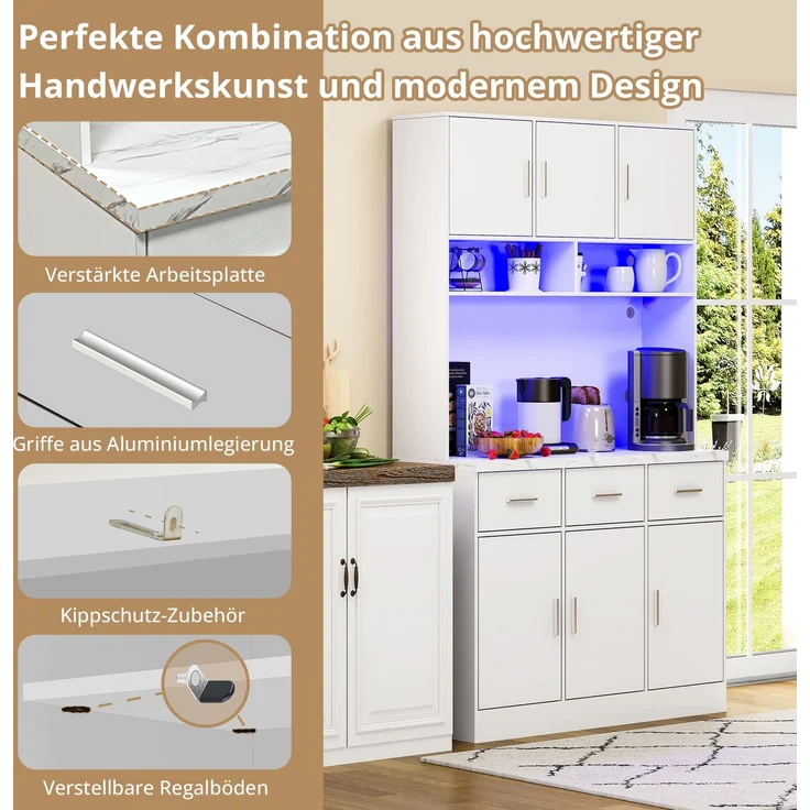 100x40x180cm, multifunktionales Buffet mit LED-Beleuchtung mit APP-Steuerung, Schubladen, verstellbaren Einlegeböden, Kabelführungslöchern und Steckdosen, ideal für Küchen und Esszimmer – Bild 7