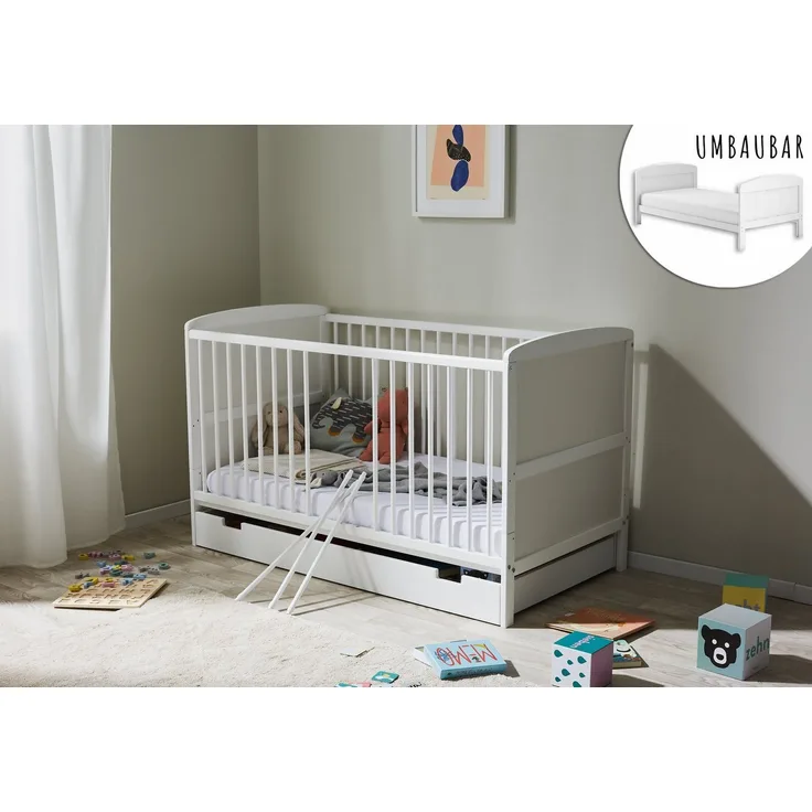 Kids Collective Babybett Kinderbett 70x140 cm umbaubares Gitterbett höhenverstellbar, herausnehmbare Sprossen, weiss Kiefer, mit Schublade und Matratze