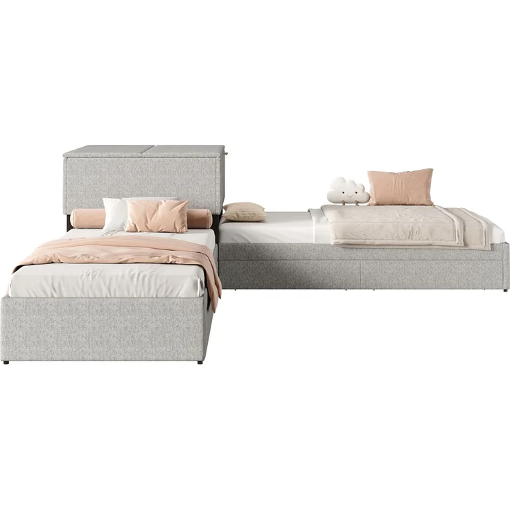 EINHOM Eckbett, Zwei Einzelbett mit Ausziehbett, Polsterbett, Funktionsbett mit Stauraum, mit Stauraumschrank, mit Stauraumschublade, mit Ausziehbett, 90 x 200 cm, Leinen, Grau, (Ohne Matratze) – Bild 9