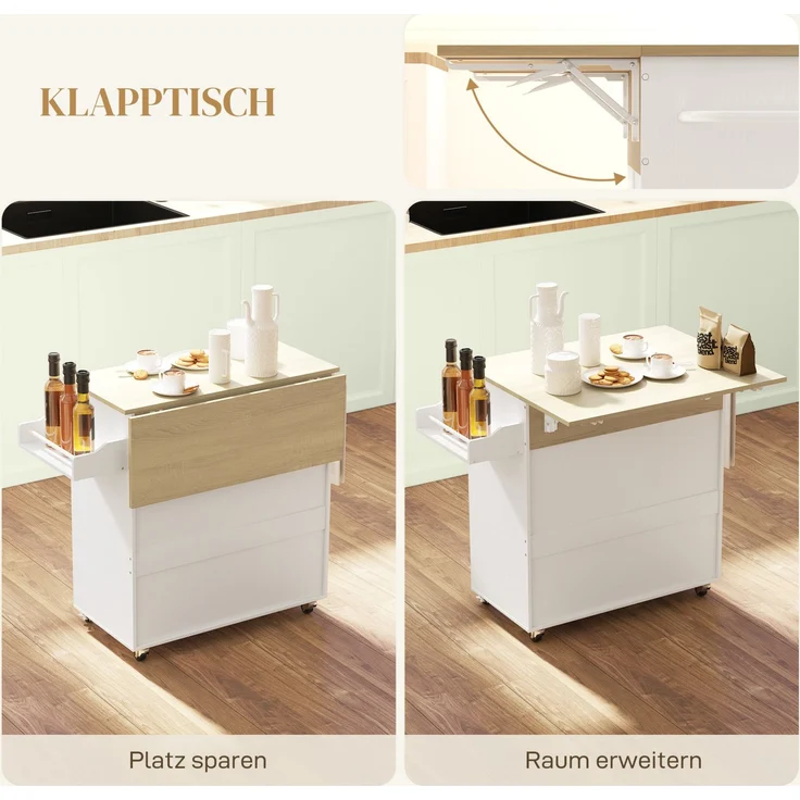 Küchenwagen aus MDF mit klappbarer Arbeitsplatte, 106x42x87 cm, Weiß – Bild 3