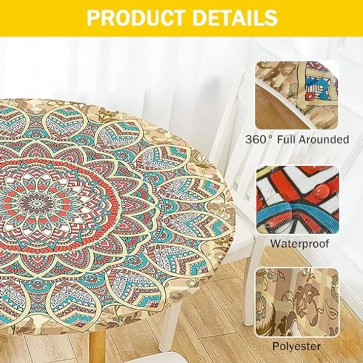 FANSU Tischdecke Abwaschbar Rund 120cm, Ideal für 100cm-110cm, Mandala Elastisch Rund Outdoor Tischdecken Modern Wasserdicht Fleckschutz Tische Gartentischdecke für Küche – Bild 4