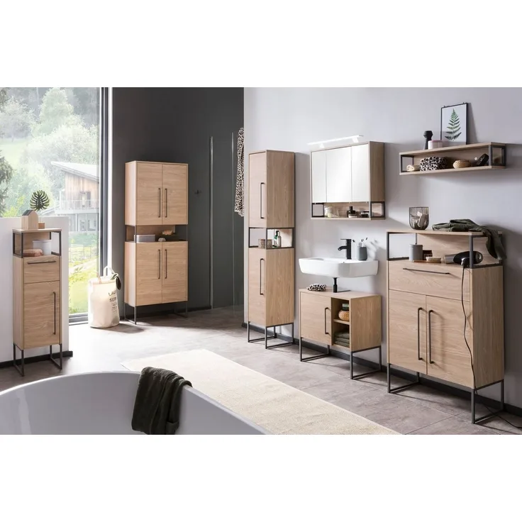 SCHILDMEYER Hochschrank Badschrank Highboard Limone Eiche hell 65,2 x 183,4 x 33,1 cm