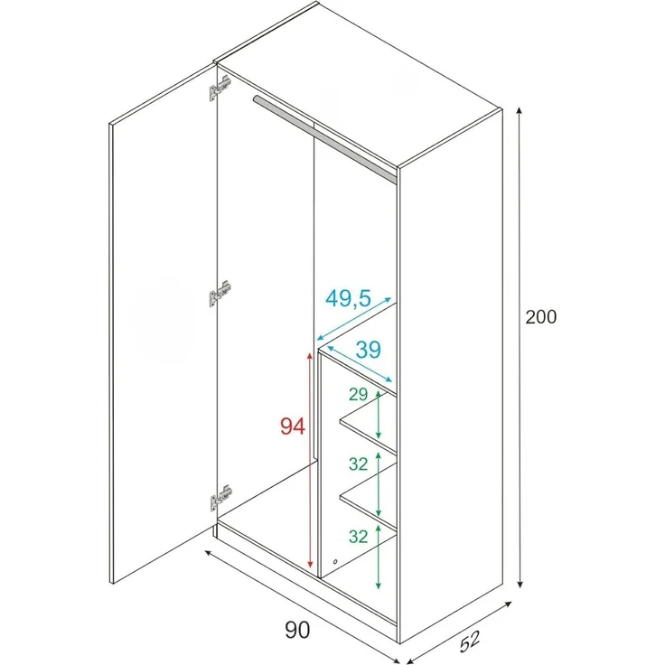 Dmora - Kleiderschrank 2 Türen Abilene, Schlafzimmerschrank, Schrank mit 3 Regalen und Kleiderstange, 90x52h200 cm, Weiß und Braun – Bild 2