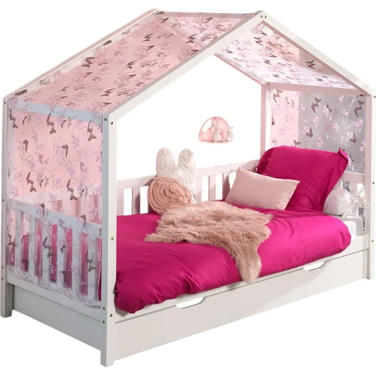 Hausbett mit Textilhimmel Kapua 210x97x170 Massivholz Weiß
